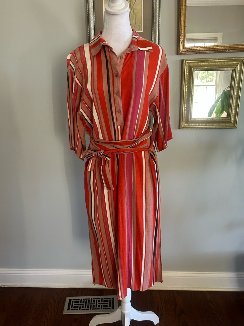 Striped Red Multi-Color Button-Front Shirt Dress with Waist Tie